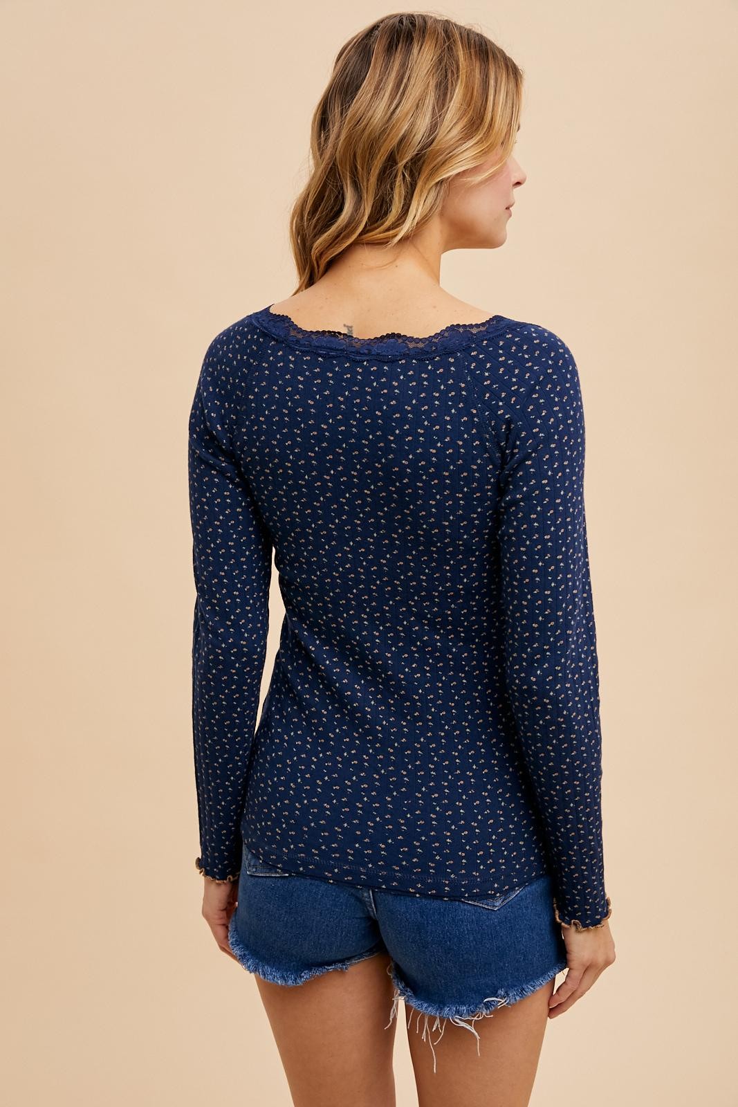 Navy Lace Trim Floral Fitted Top