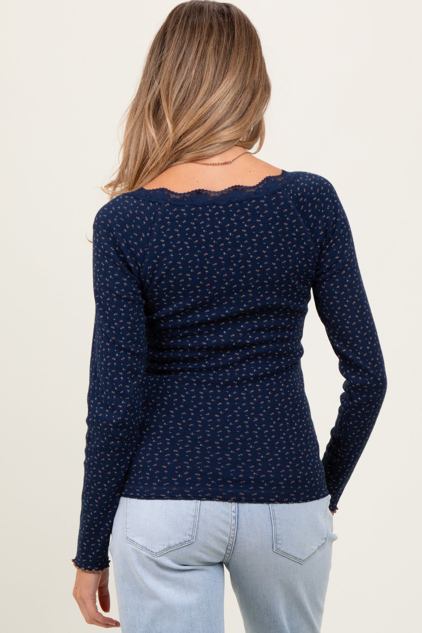 Navy Lace Trim Floral Fitted Top