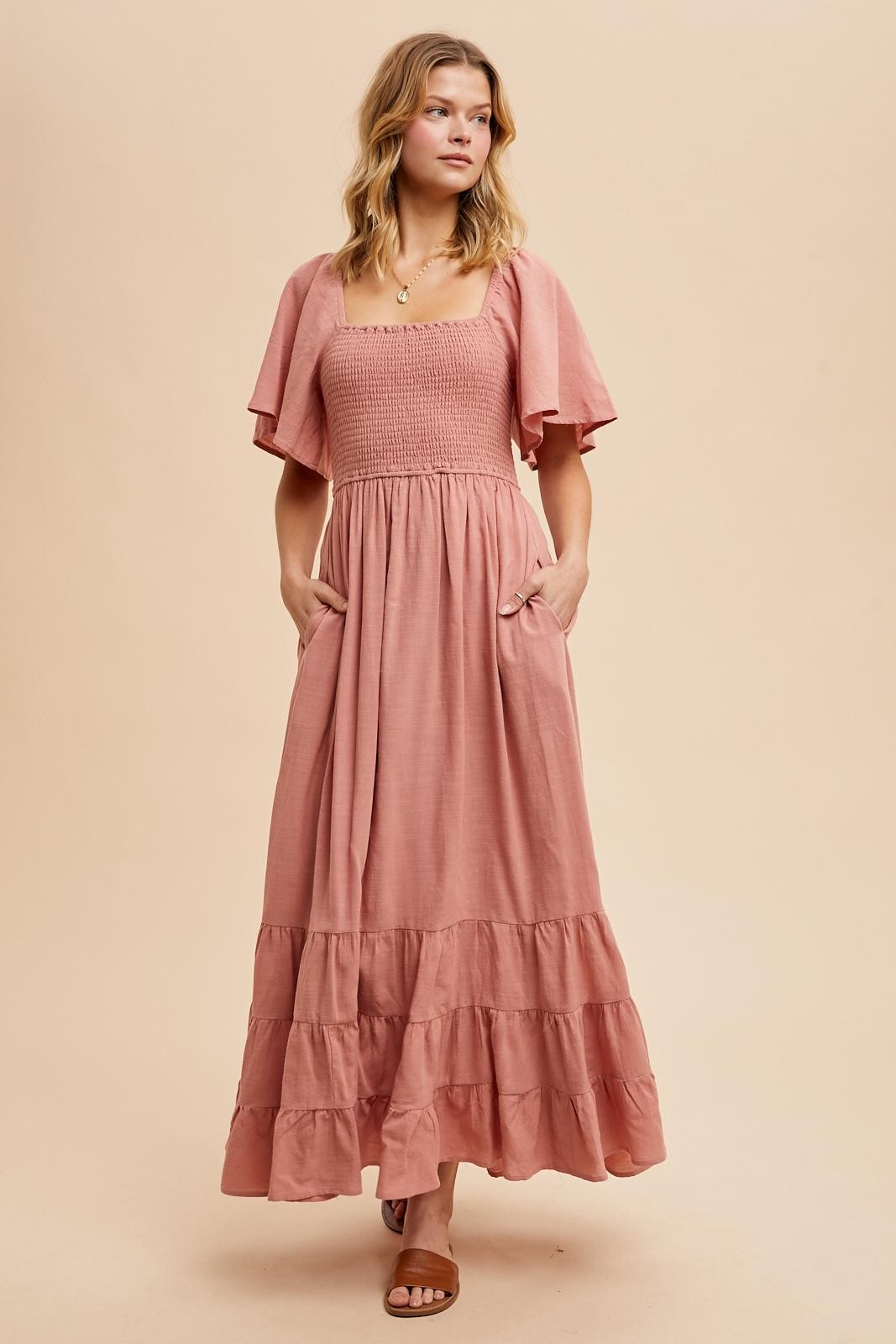 Mauve Smocked Cotton Flutter Sleeve Maternity Maxi Dress