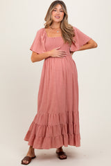 Mauve Smocked Cotton Flutter Sleeve Maternity Maxi Dress