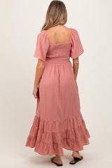 Mauve Smocked Cotton Flutter Sleeve Maternity Maxi Dress