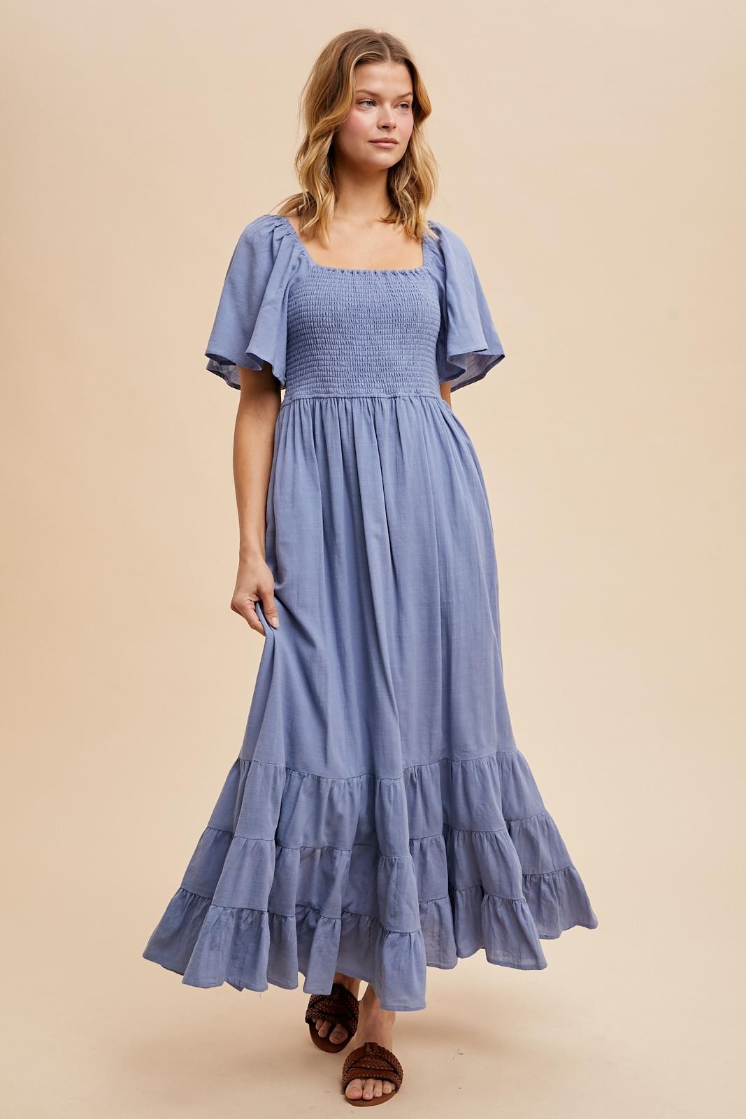 Blue Smocked Cotton Flutter Sleeve Maxi Dress PinkBlush Blue Smocked Cotton Flutter Sleeve Maxi Dress PinkBlush