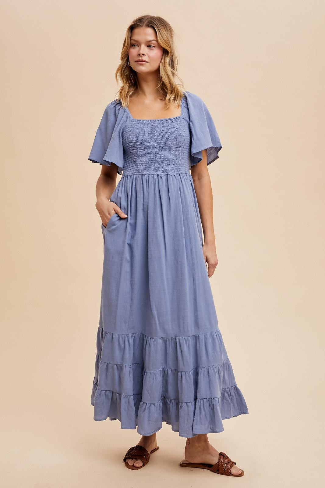 Blue Smocked Cotton Flutter Sleeve Maxi Dress – PinkBlush