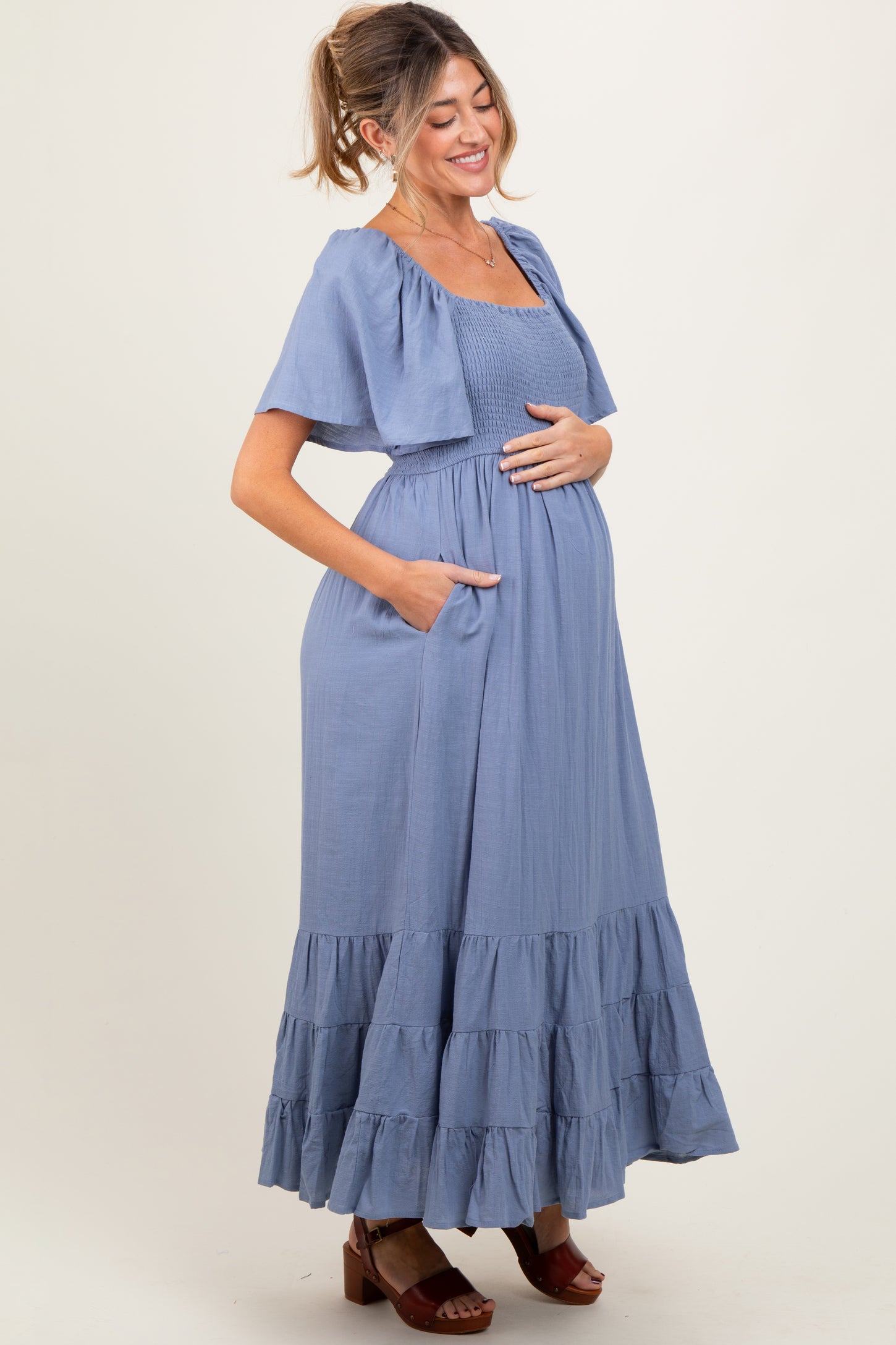 Blue Smocked Cotton Flutter Sleeve Maternity Maxi Dress PinkBlush Blue Smocked Cotton Flutter Sleeve Maternity Maxi Dress PinkBlush