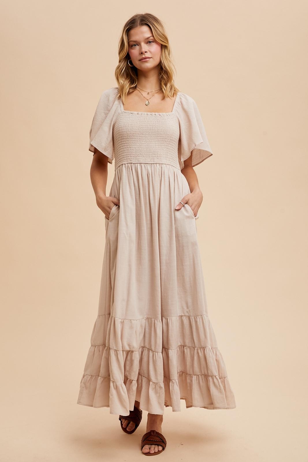 Cream Smocked Cotton Flutter Sleeve Maternity Maxi Dress PinkBlush Cream Smocked Cotton Flutter Sleeve Maternity Maxi Dress PinkBlush