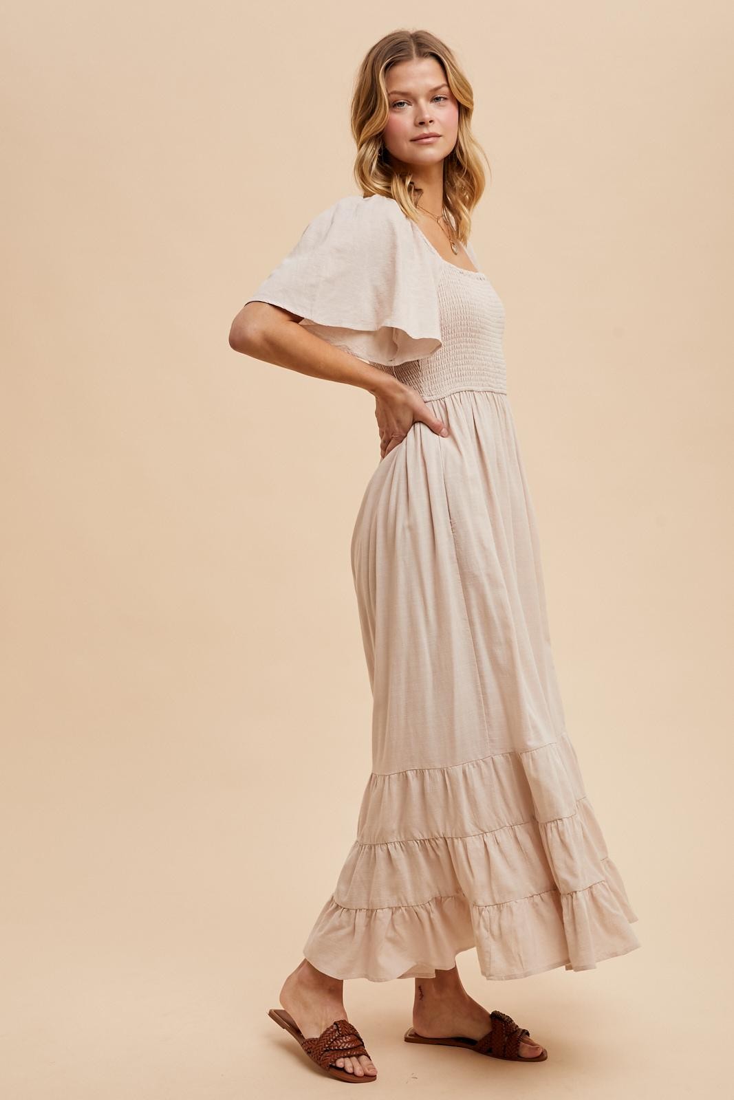 Cream Smocked Cotton Flutter Sleeve Maxi Dress