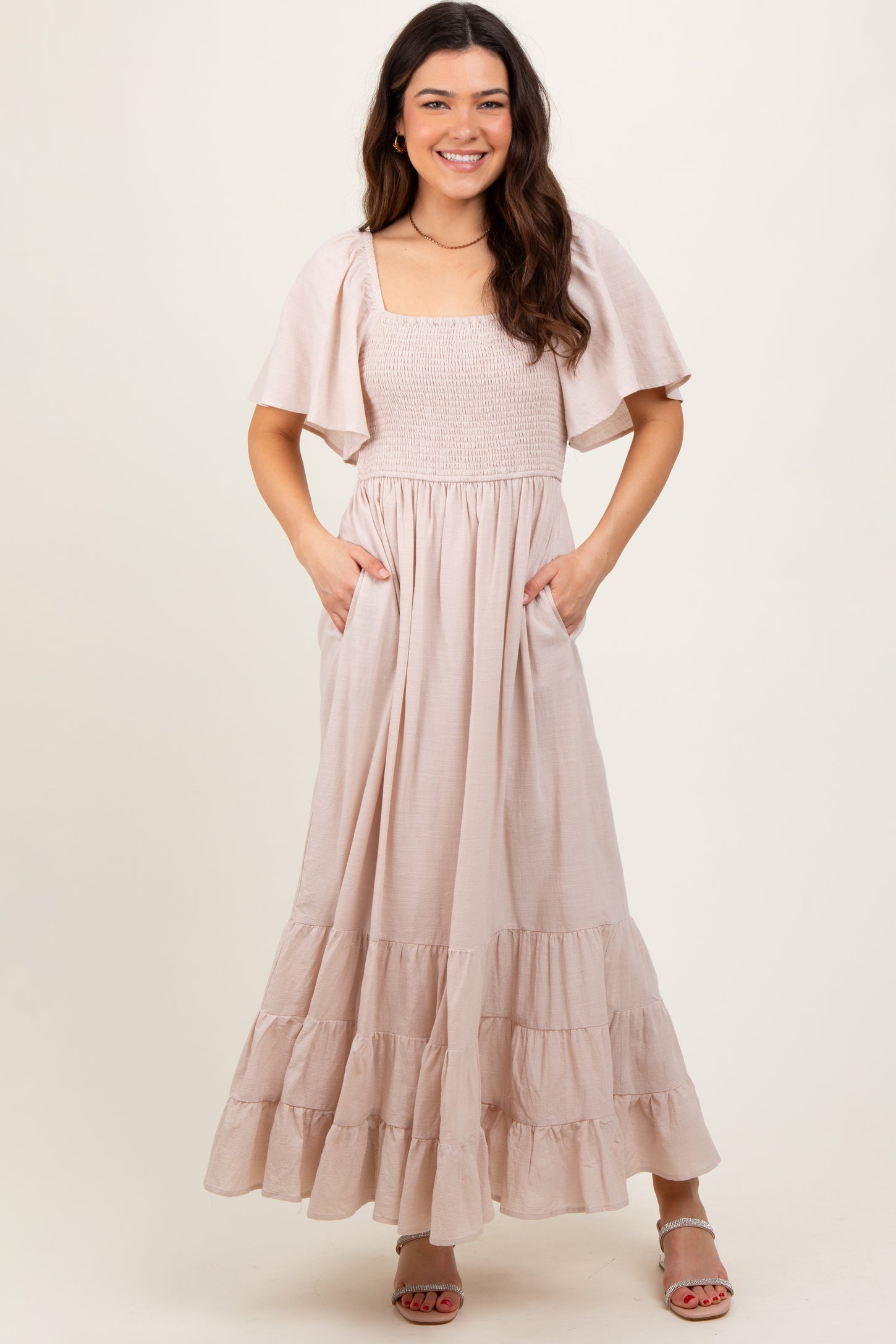 Cream Smocked Cotton Flutter Sleeve Maxi Dress