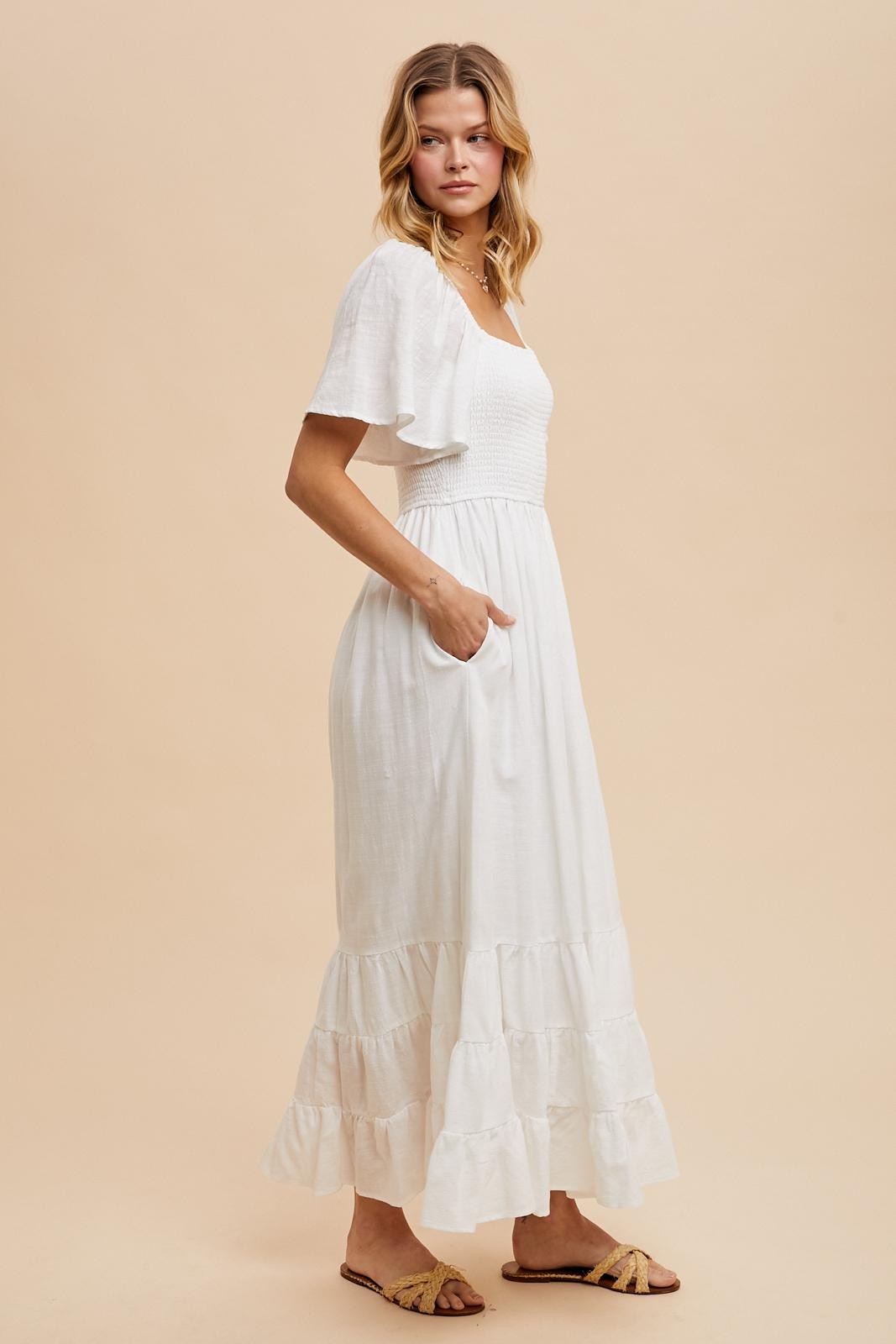 Ivory Smocked Cotton Flutter Sleeve Maxi Dress