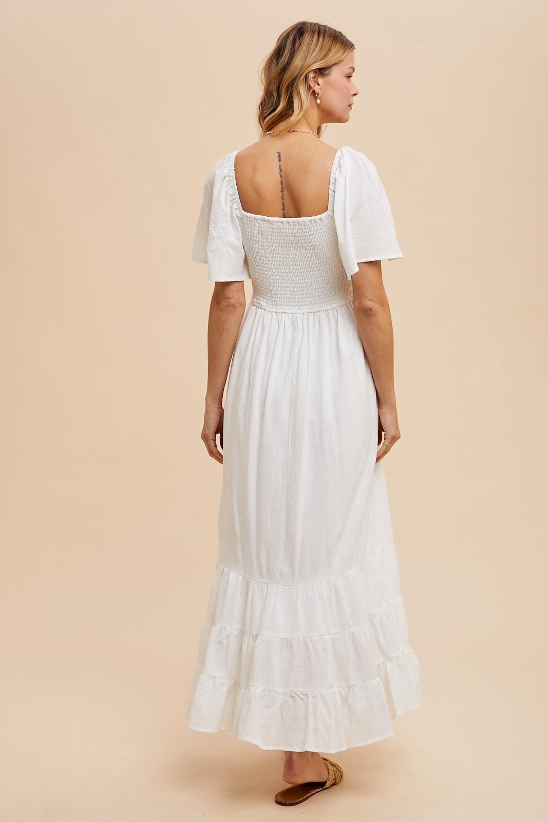 Ivory Smocked Cotton Flutter Sleeve Maxi Dress