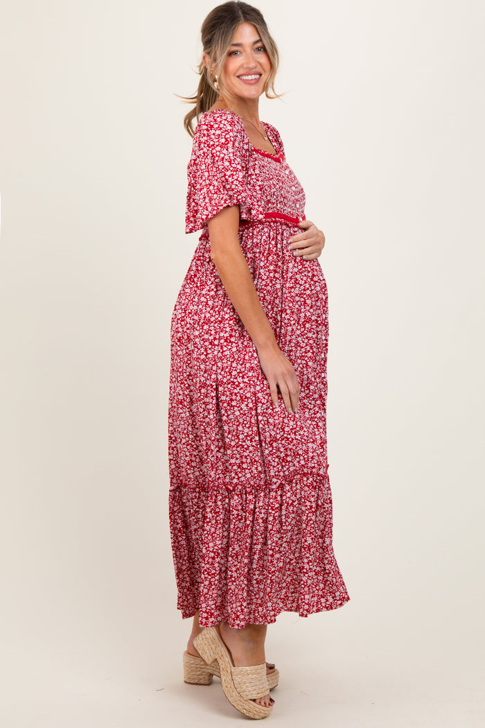 Burgundy Floral Button Front Maternity Midi Dress