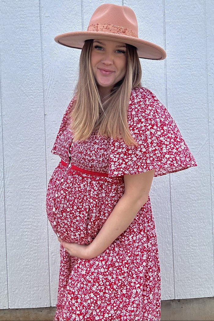 Burgundy Floral Button Front Maternity Midi Dress