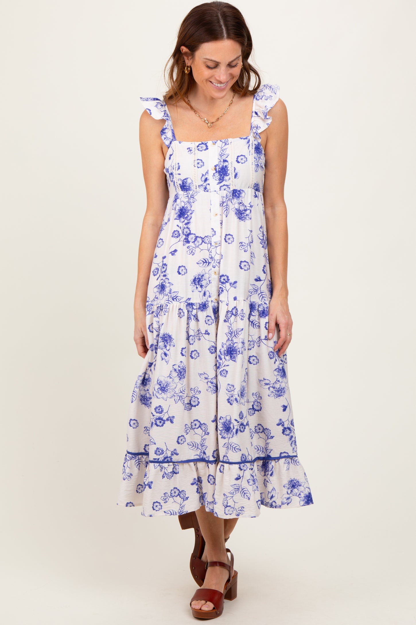 Navy Floral Ruffle Strap Tiered Midi Dress