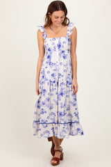 Navy Floral Ruffle Strap Tiered Midi Dress
