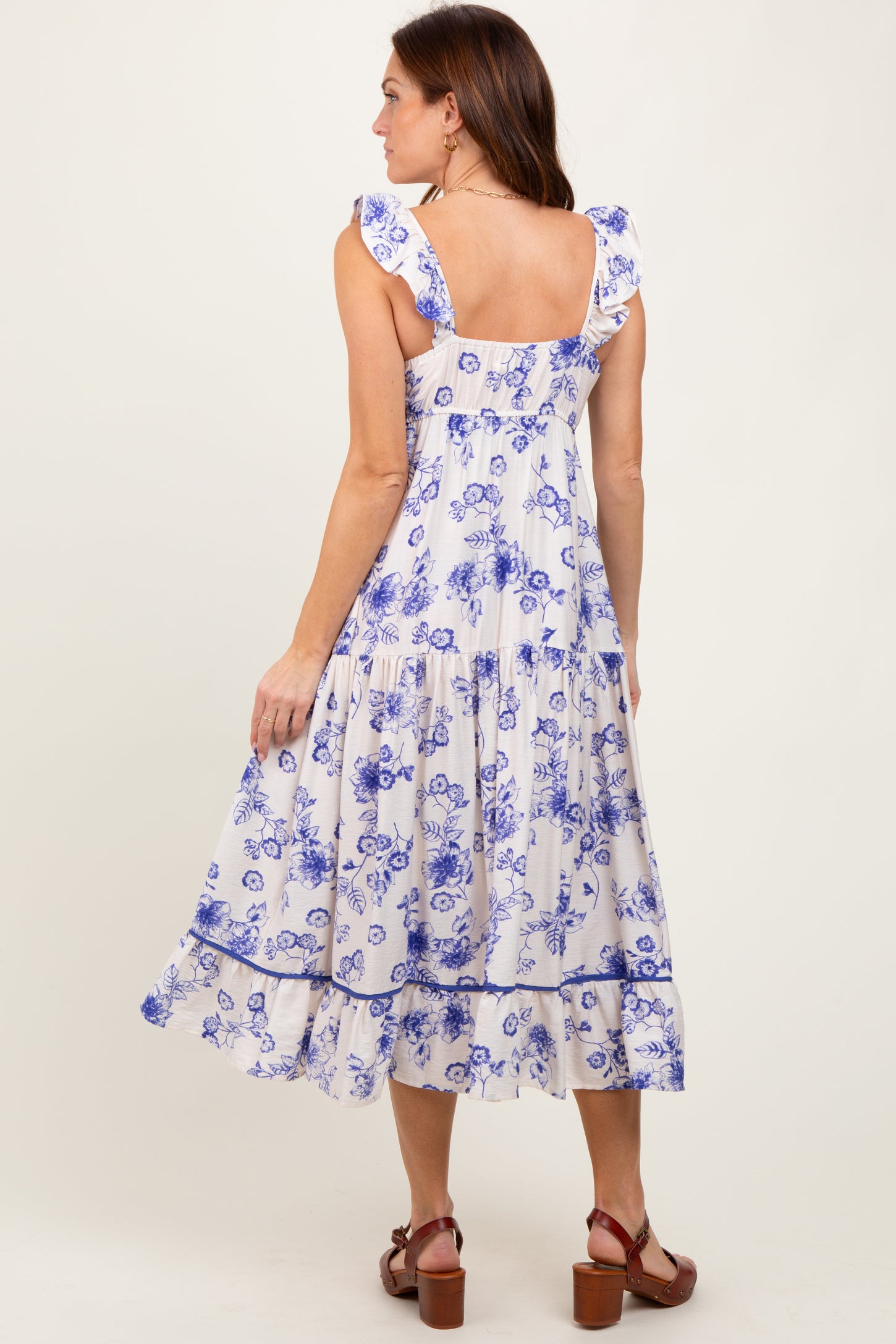 Navy Floral Ruffle Strap Tiered Midi Dress