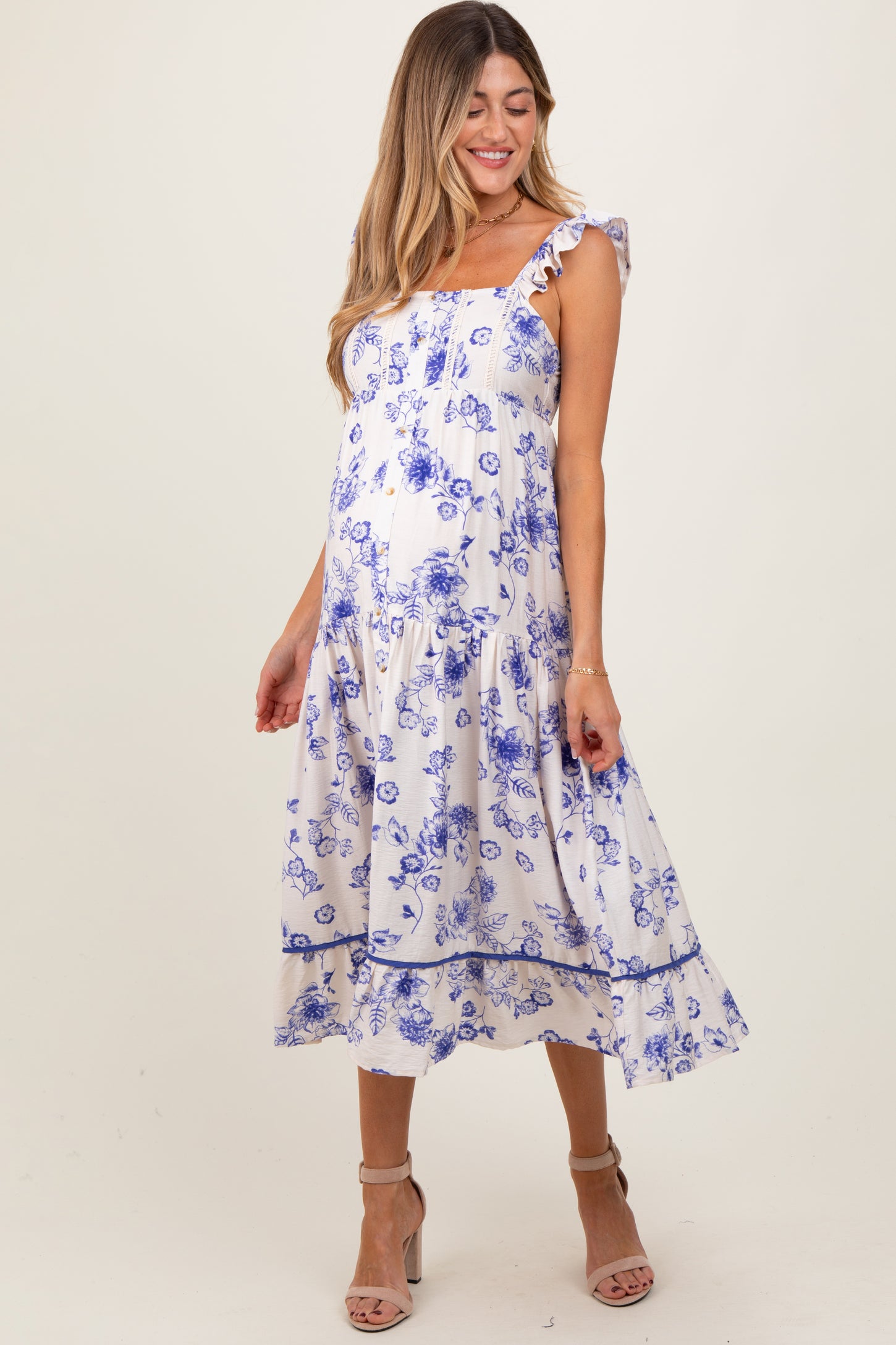 Navy Floral Ruffle Strap Tiered Maternity Midi Dress