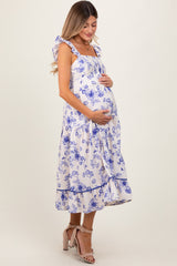 Navy Floral Ruffle Strap Tiered Maternity Midi Dress