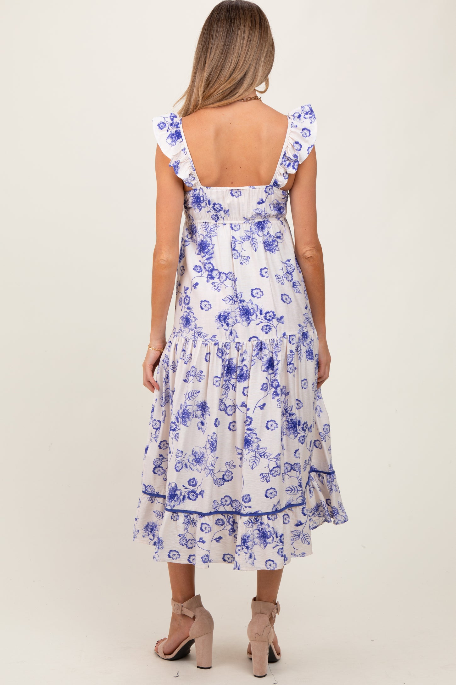 Navy Floral Ruffle Strap Tiered Maternity Midi Dress