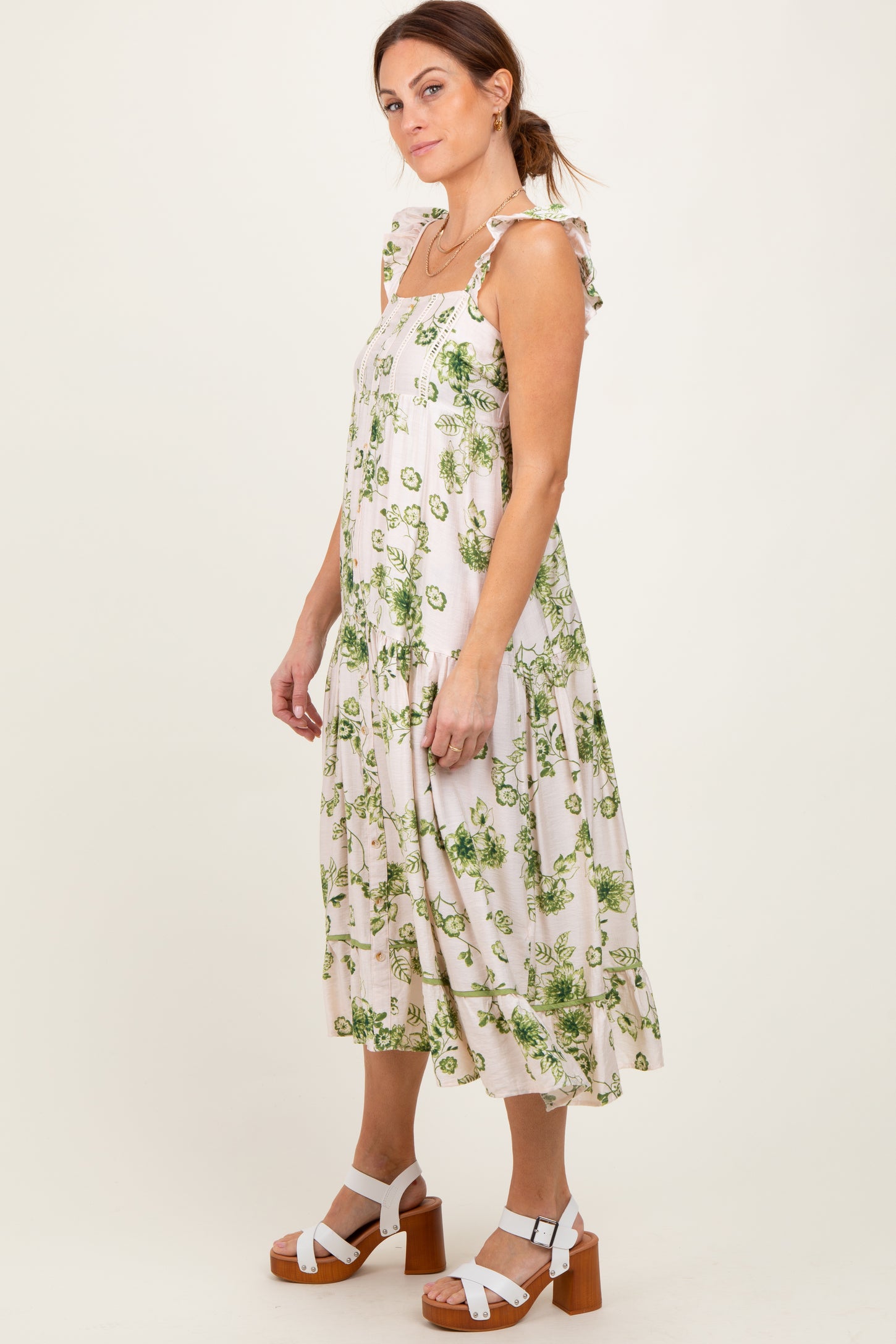 Green Floral Ruffle Strap Tiered Midi Dress
