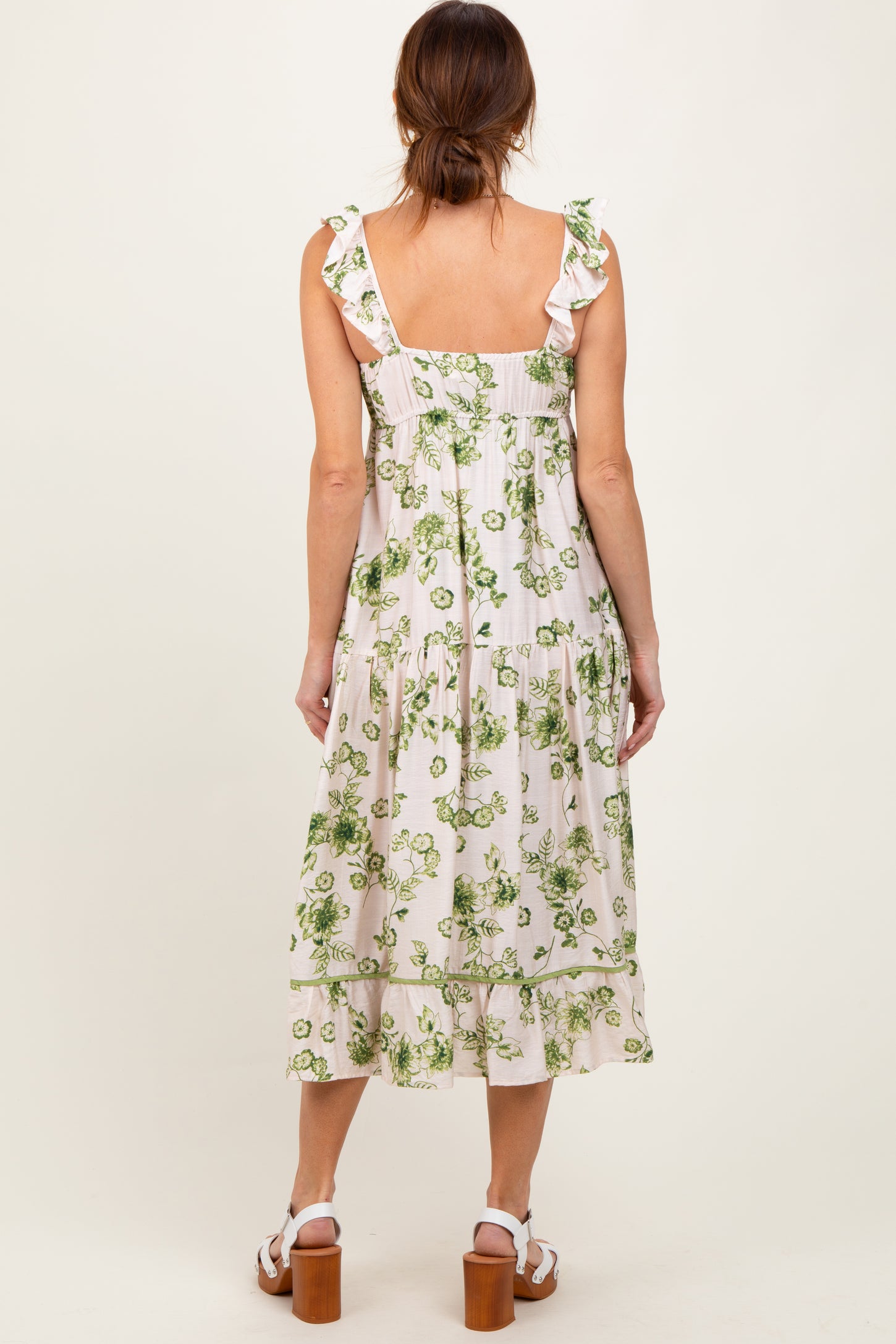 Green Floral Ruffle Strap Tiered Midi Dress PinkBlush Green Floral Ruffle Strap Tiered Midi Dress PinkBlush