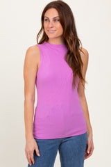 Pink Ribbed Sleeveless Mock Neck Top