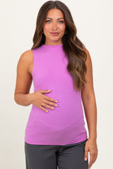 Pink Ribbed Sleeveless Mock Neck Maternity Top