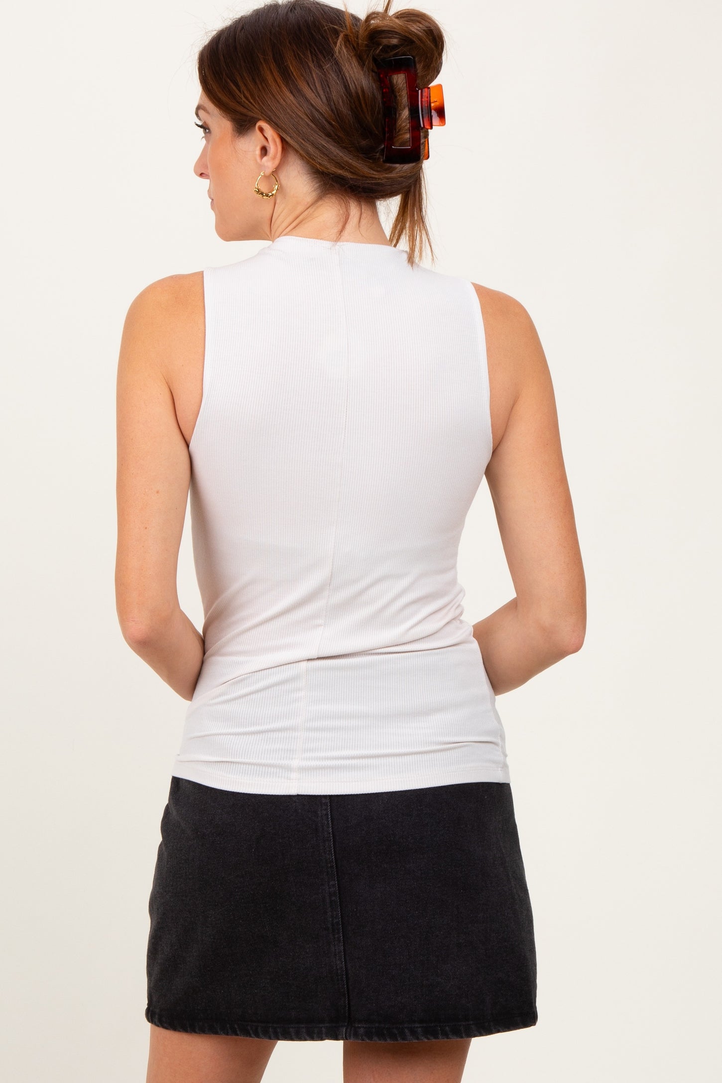 Beige Ribbed Sleeveless Mock Neck Top