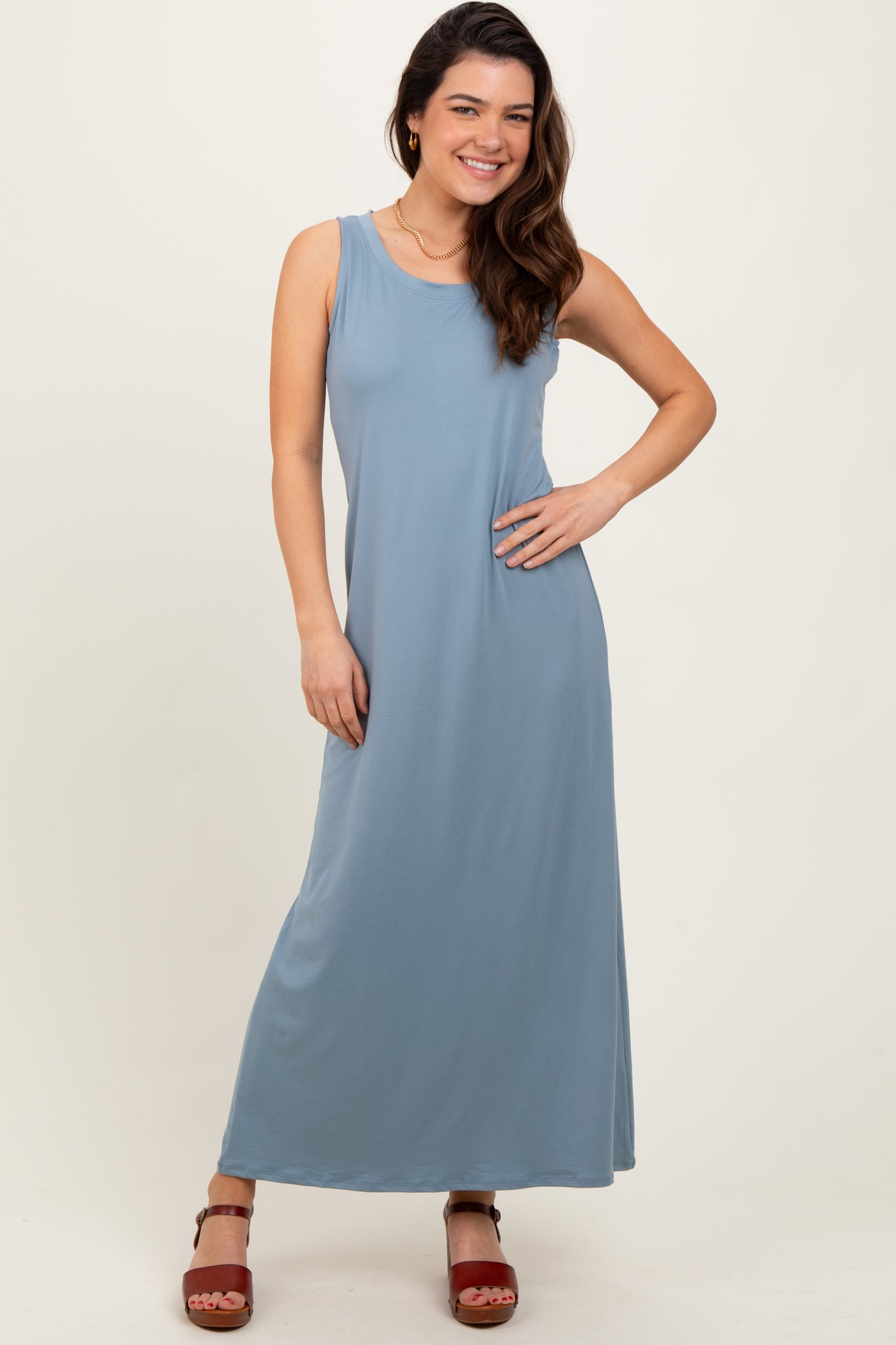 Light Blue Sleeveless Flared Scoop Neck Maxi Dress