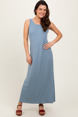 Light Blue Sleeveless Flared Scoop Neck Maxi Dress