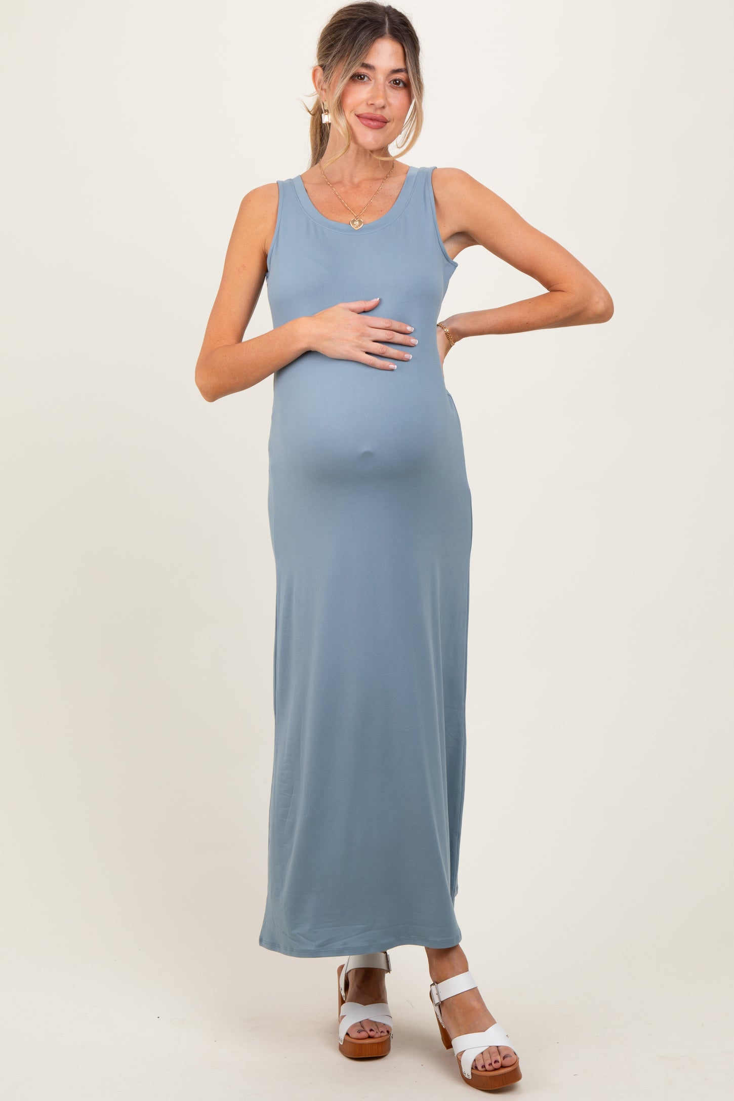 Light Blue Sleeveless Flared Scoop Neck Maternity Maxi Dress PinkBlush Light Blue Sleeveless Flared Scoop Neck Maternity Maxi Dress PinkBlush