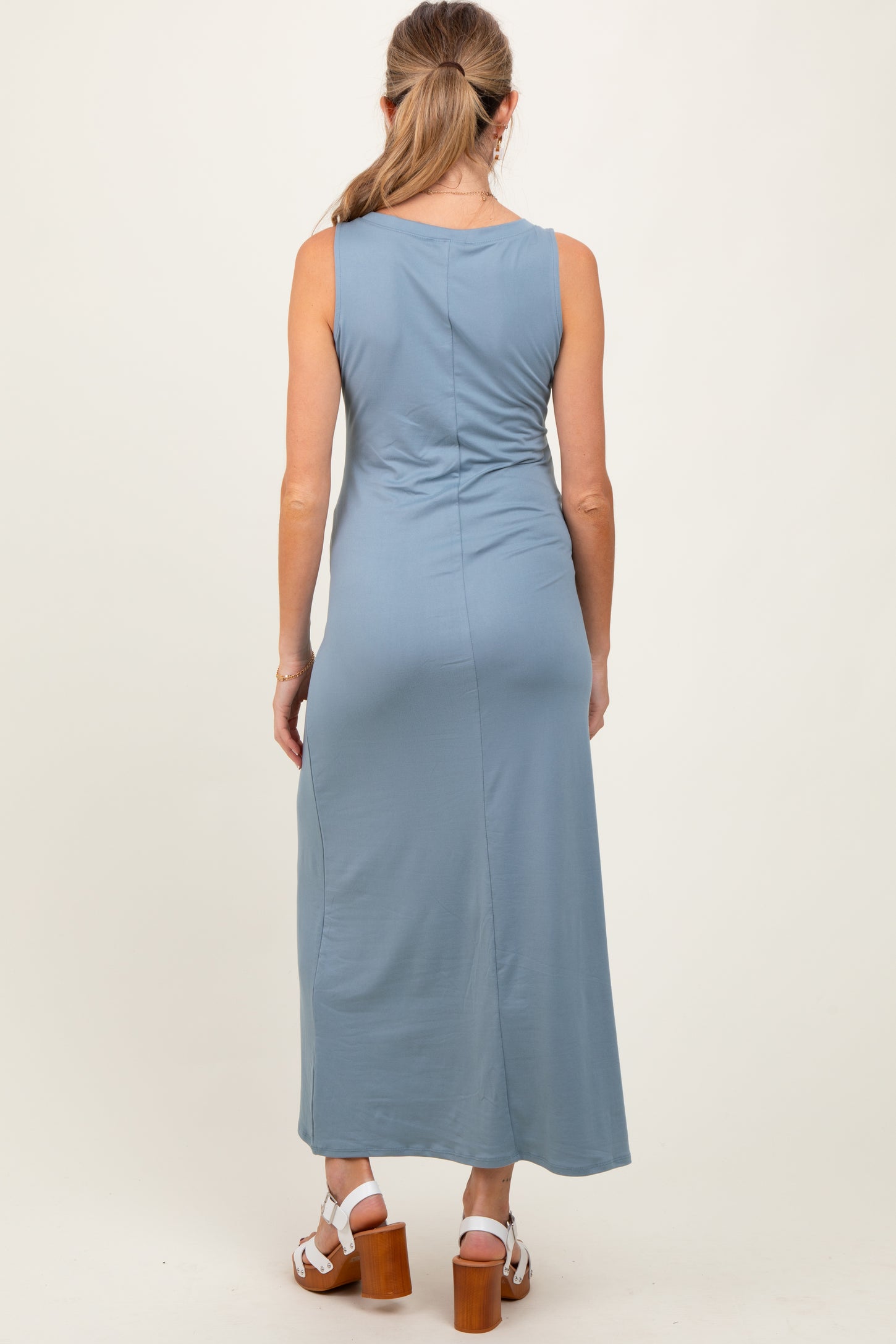 Light Blue Sleeveless Flared Scoop Neck Maternity Maxi Dress