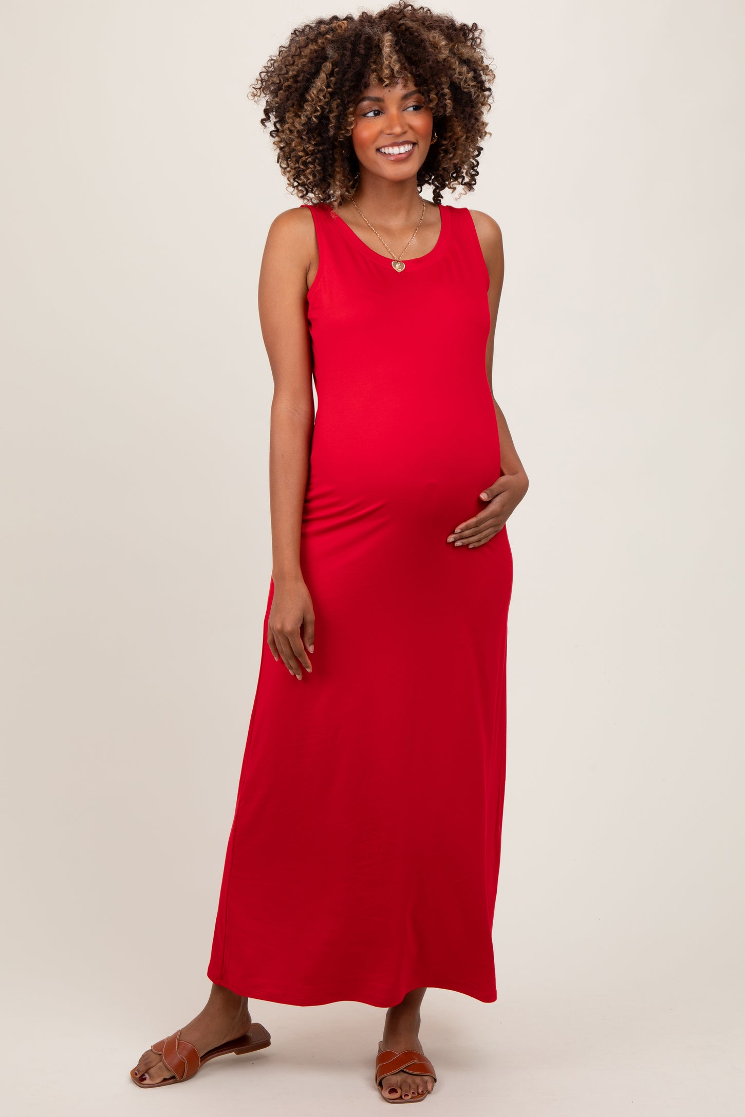 Red Sleeveless Flared Scoop Neck Maternity Maxi Dress