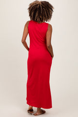 Red Sleeveless Flared Scoop Neck Maternity Maxi Dress