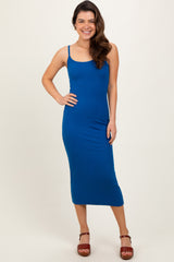 Blue Ribbed Bodycon Maternity Midi Dress