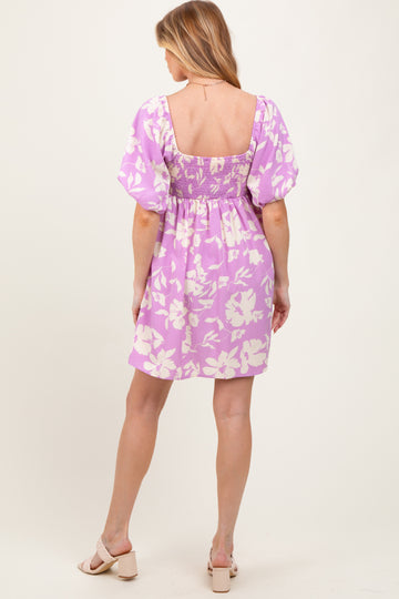 Lavender Floral Puff Sleeve Maternity Mini Dress