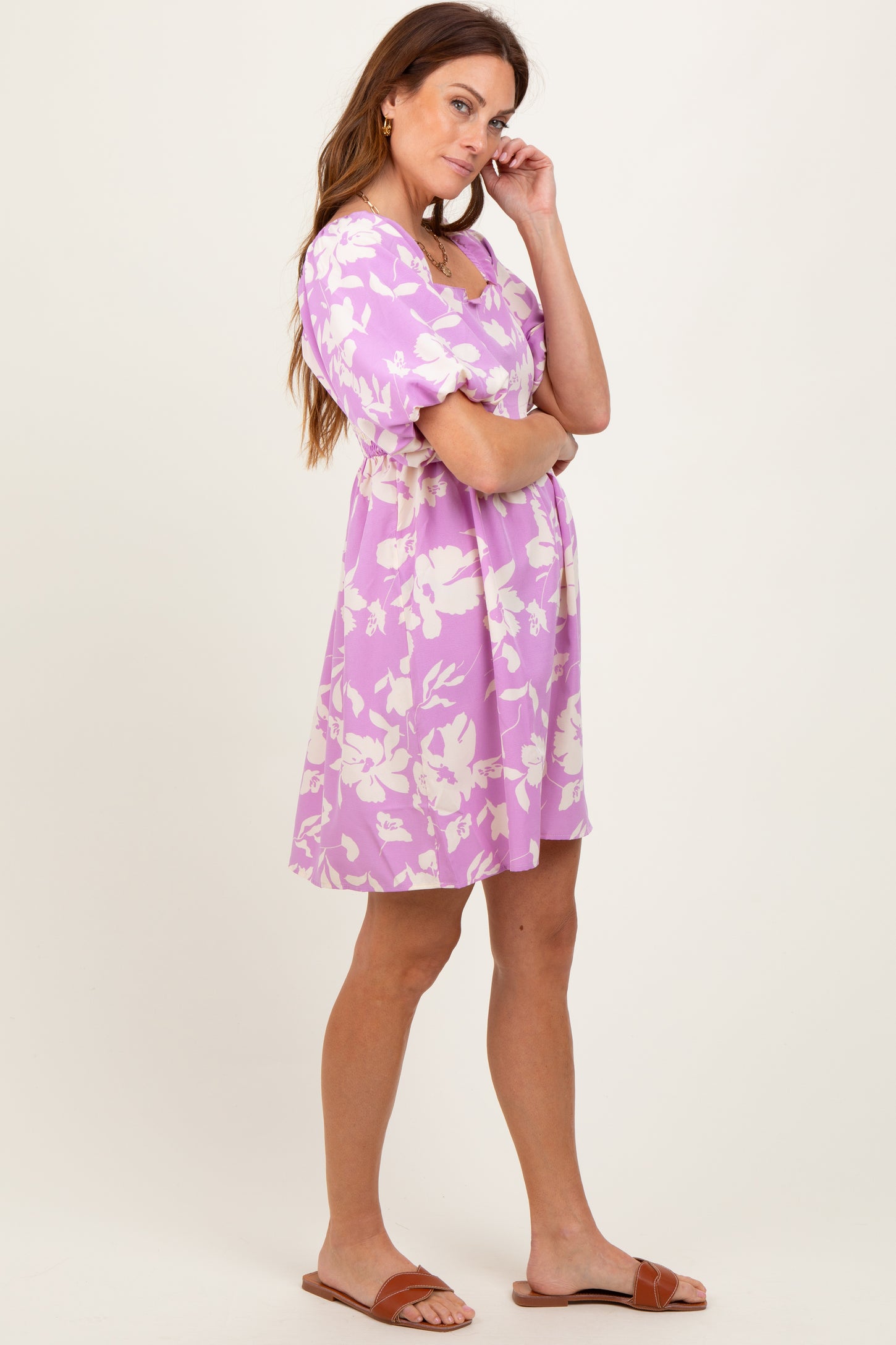 Lavender Floral Puff Sleeve Mini Dress