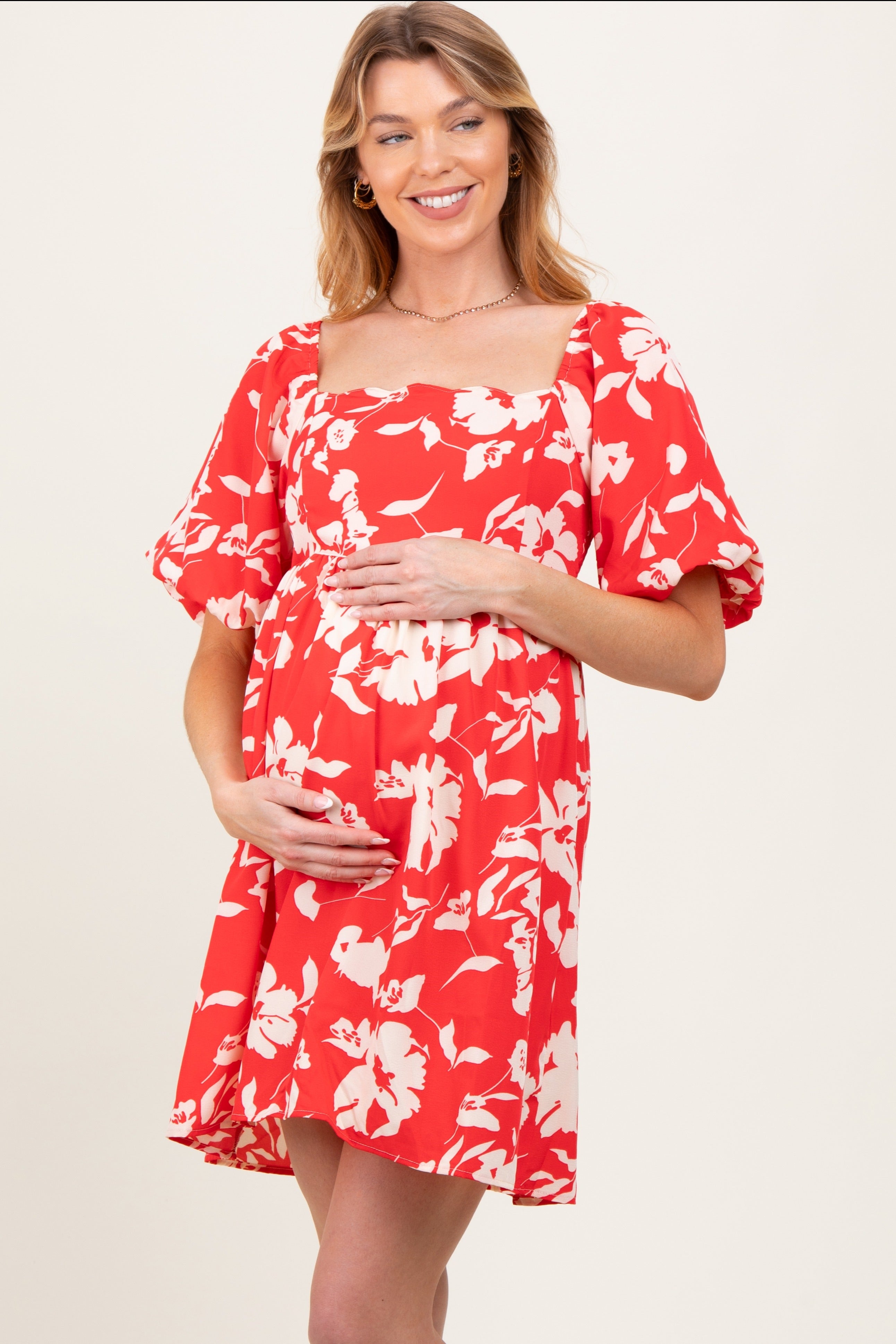 Red Floral Puff Sleeve Maternity Mini Dress  PinkBlush