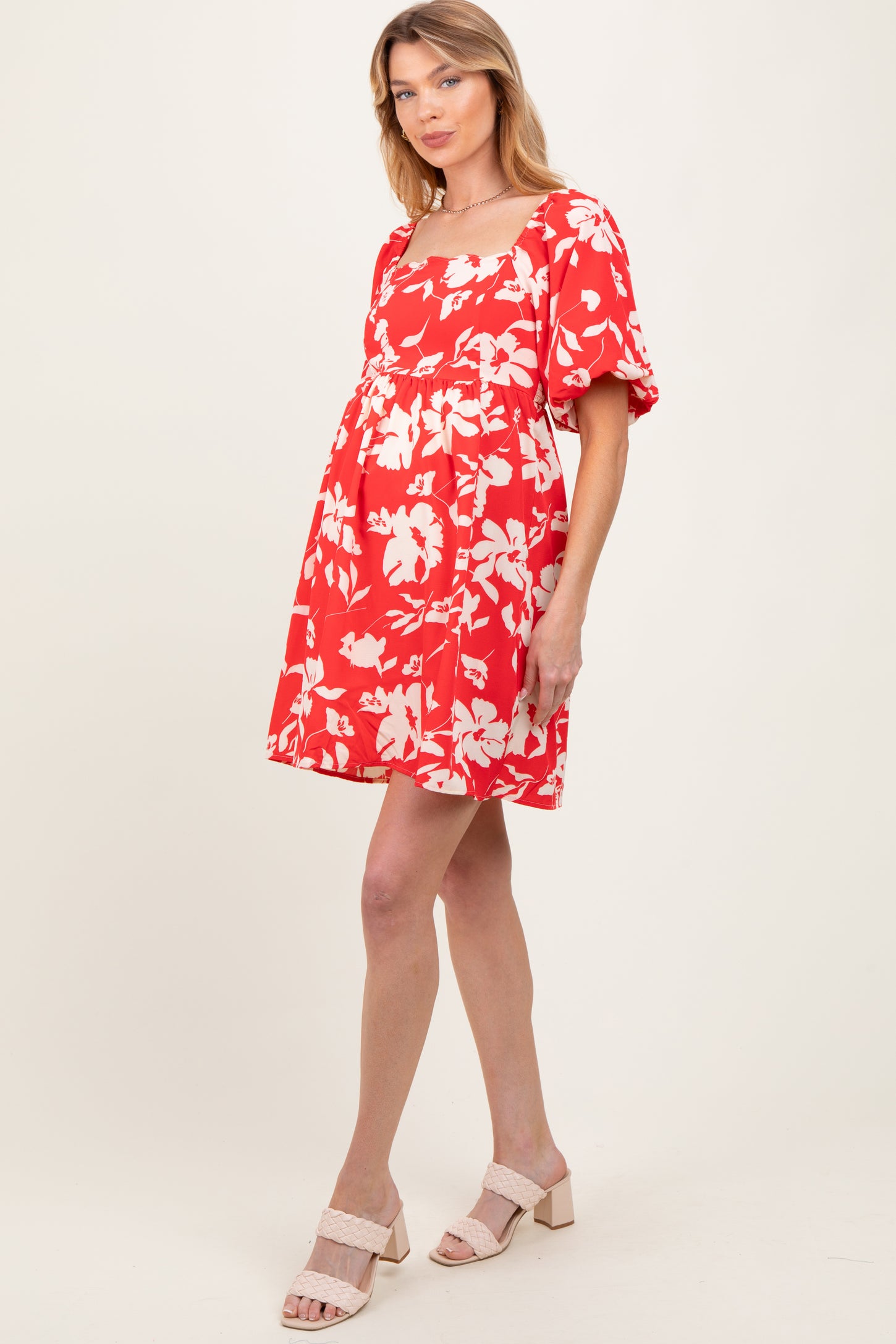 Red Floral Puff Sleeve Maternity Mini Dress
