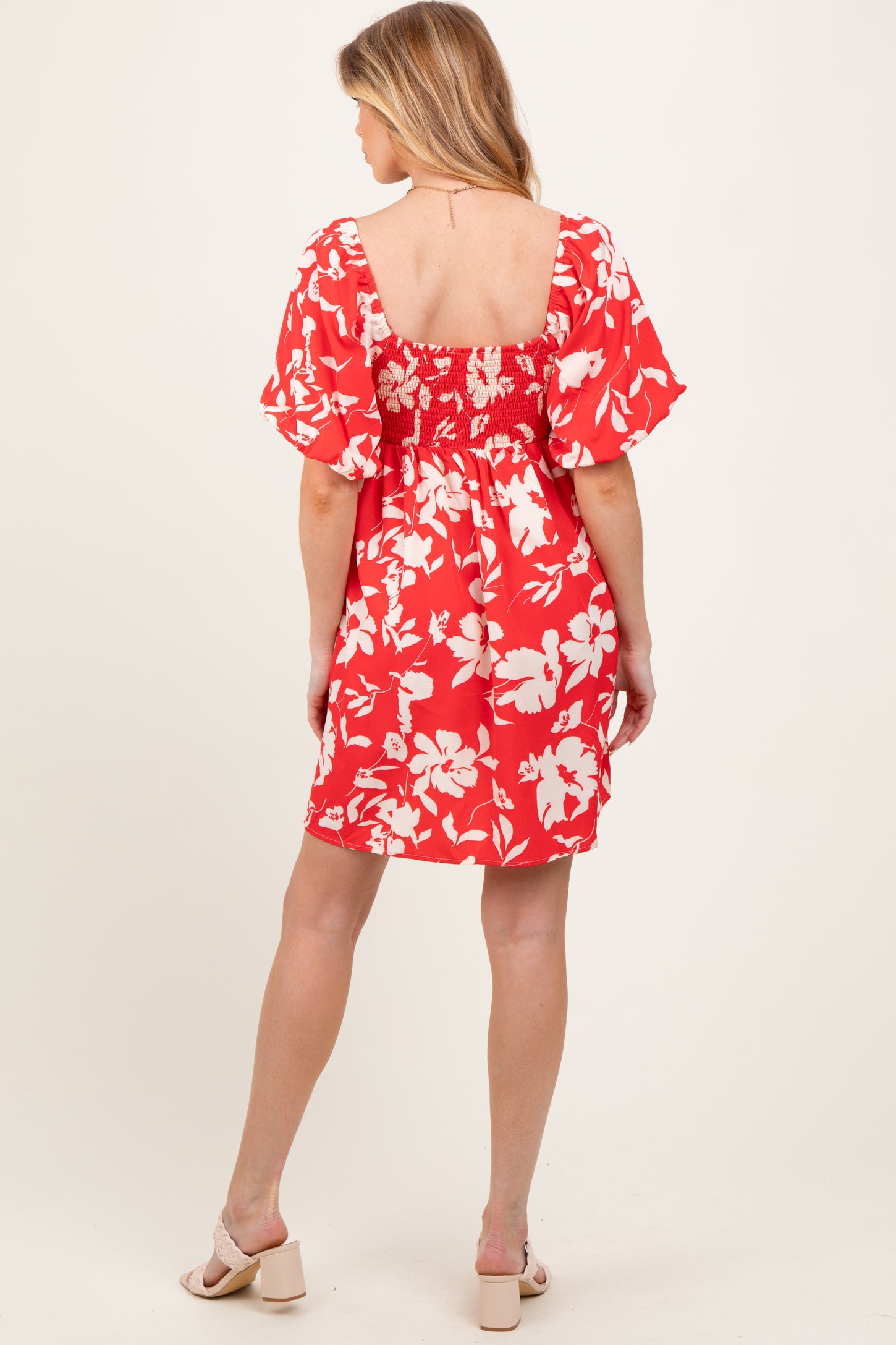 Red Floral Puff Sleeve Maternity Mini Dress