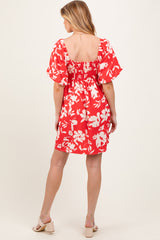 Red Floral Puff Sleeve Maternity Mini Dress