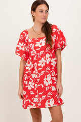 Red Floral Puff Sleeve Maternity Mini Dress