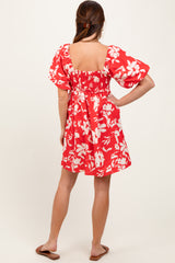 Red Floral Puff Sleeve Mini Dress