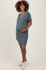 Jade Brushed Rolled Short Sleeve V-Neck Maternity Dress