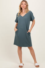 Jade Brushed Rolled Short Sleeve V-Neck Dress