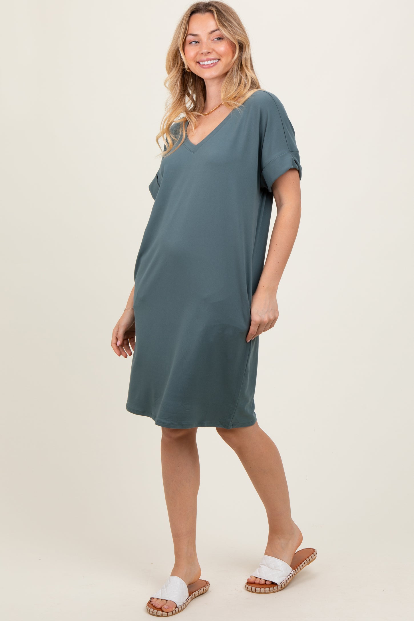 Jade Brushed Rolled Short Sleeve V-Neck Dress