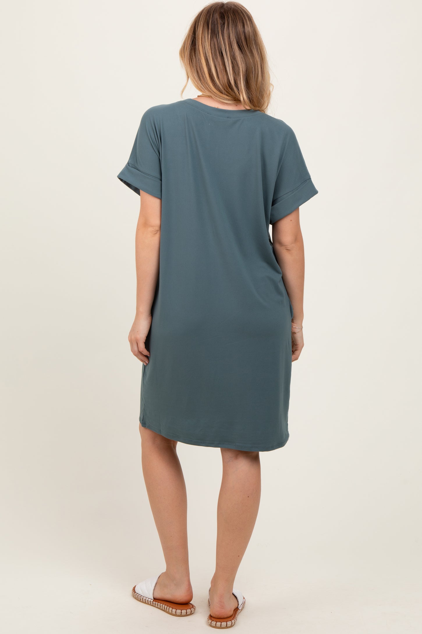 Jade Brushed Rolled Short Sleeve V-Neck Dress