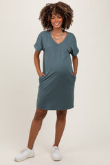 Jade Brushed Rolled Short Sleeve V-Neck Maternity Dress