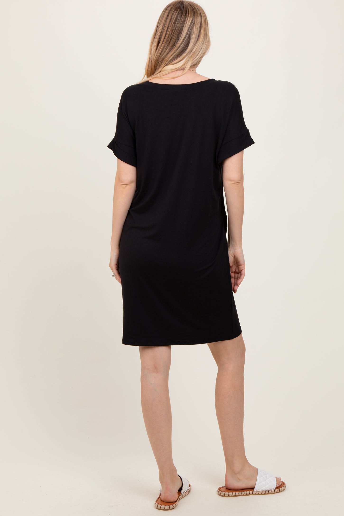 Black Brushed Rolled Short Sleeve V-Neck Dress
