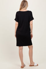 Black Brushed Rolled Short Sleeve V-Neck Dress