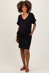 Black Brushed Rolled Short Sleeve V-Neck Maternity Dress