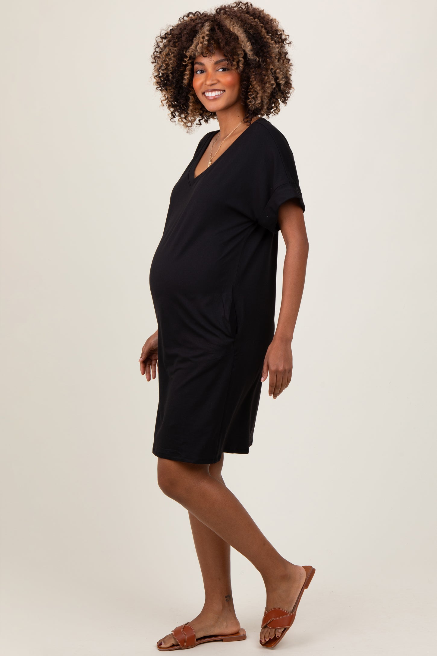 Black Brushed Rolled Short Sleeve V-Neck Maternity Dress